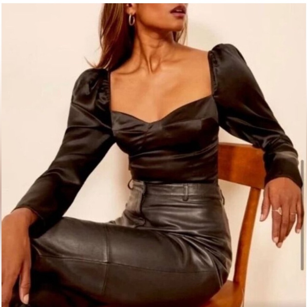 Reformation Roe Black Silk Long Puff Sleeve Corset Top Size 10